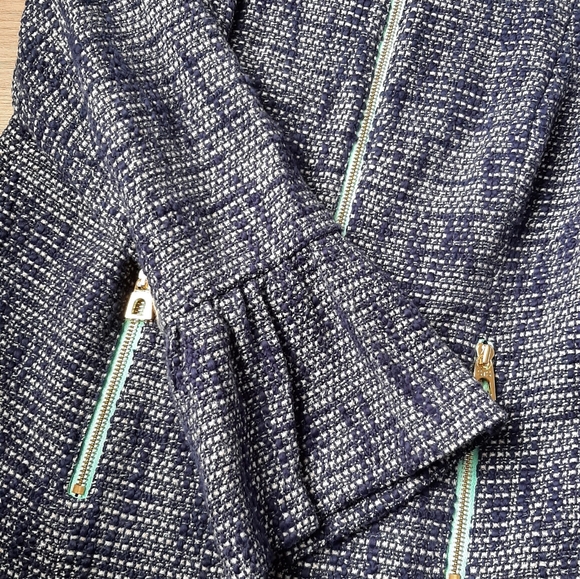 Sail to Sable STS Ruffle Sleeve Zip Up Navy Tweed Blazer Long Sleeve Blue Jacket - Picture 5 of 6